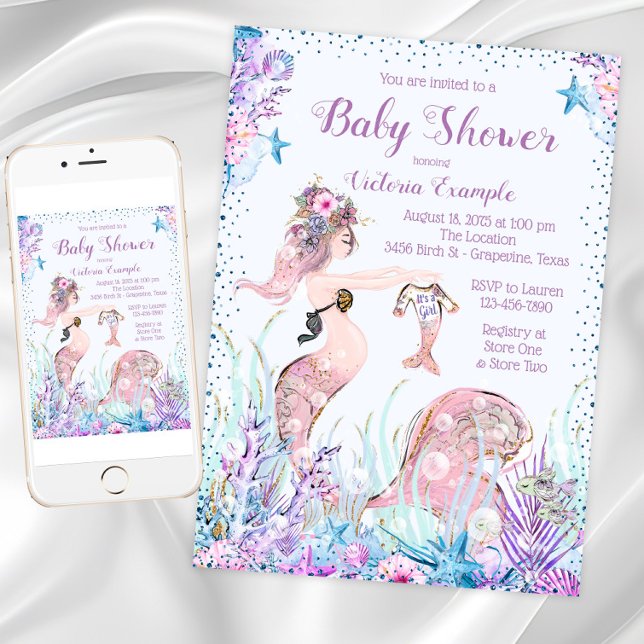 Mermaid Maman Baby Shower Invitations (Mermaid Mom Baby Shower Invitations. Instant download and printed invitations available.)