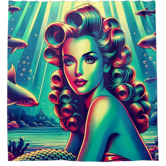 "Mermaid Marina: Button-Up Mermaid Charm der 40er  Duschvorhang (Vorderseite)