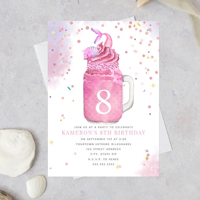 Mermaid Mason Jar Milkshake Pink Birthday Party Einladung (Von Creator hochgeladen)