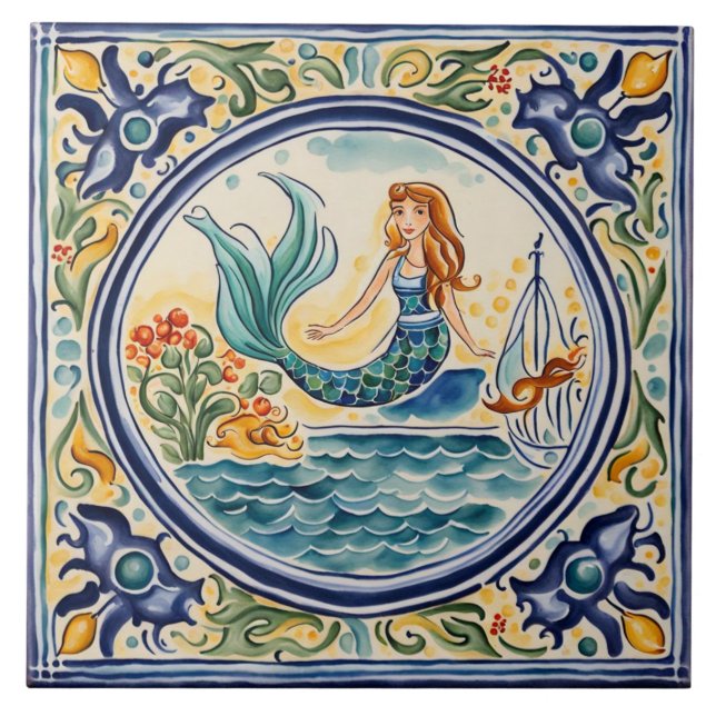 Mermaid Mediterrane Volkskunst Fliese (Vorderseite)