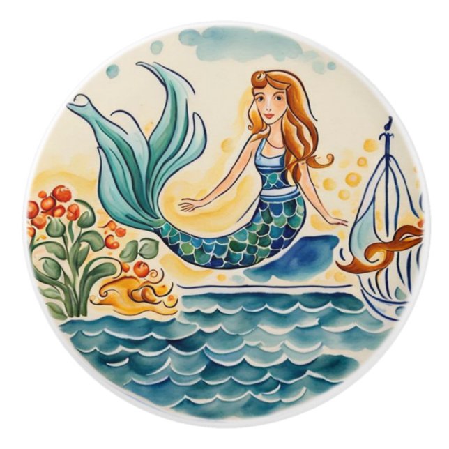 Mermaid Mediterrane Volkskunst Keramikknauf (Vorderseite)