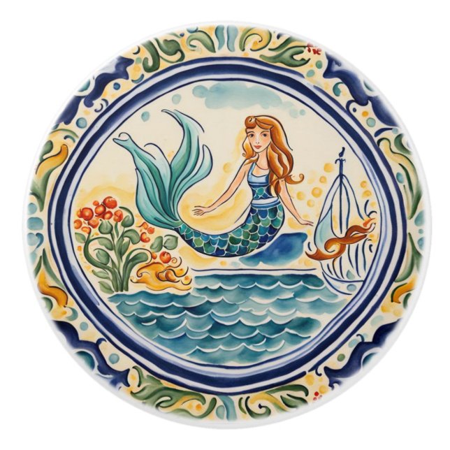 Mermaid Mediterrane Volkskunst Keramikknauf (Vorderseite)