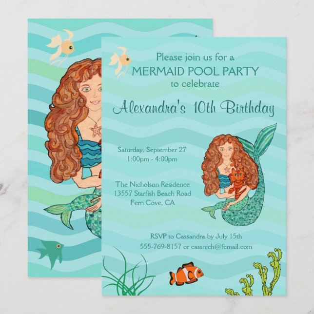 Mermaid & Mercat Invitation de fête d'anniversaire (Devant / Derrière)