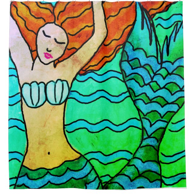 Mermaid mit Orange Hair Abstrakt Art Duschvorhang (Vorderseite)