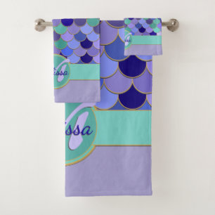 Mermaid Monogram + Name Aqua Aquamarin Lila Blue Badhandtuch Set
