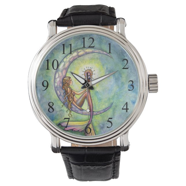 Mermaid Moon Fantasy Art Armbanduhr (Vorderseite)