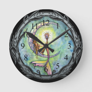 Mermaid Moon Fantasy Art Clock by Molly Harrison Runde Wanduhr