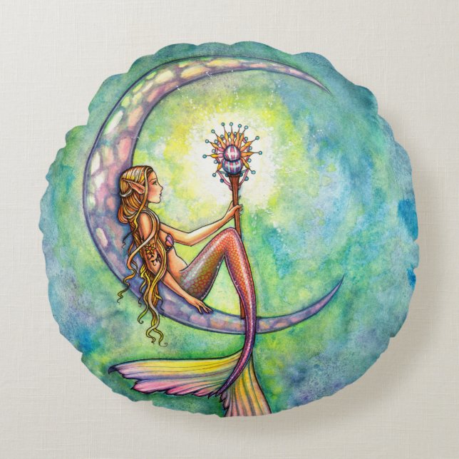 Mermaid Moon Fantasy Art von Molly Harrison Rundes Kissen (Vorderseite)