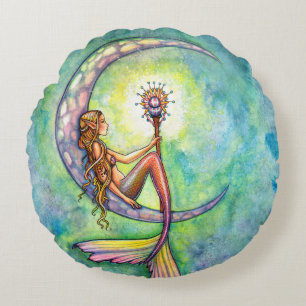 Mermaid Moon Fantasy-Kunst von Molly Harrison Rundes Kissen