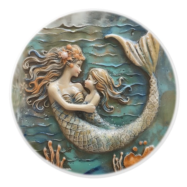 Mermaid Mutter und Tochter 3D-Effekt Keramikknauf (Vorderseite)