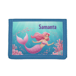 Mermaid Niedlich Blue Pink Wallet Trifold Geldbörse