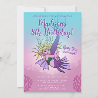 Mermaid Niedlich Cartoon Girl 8. Geburtstag Einladung
