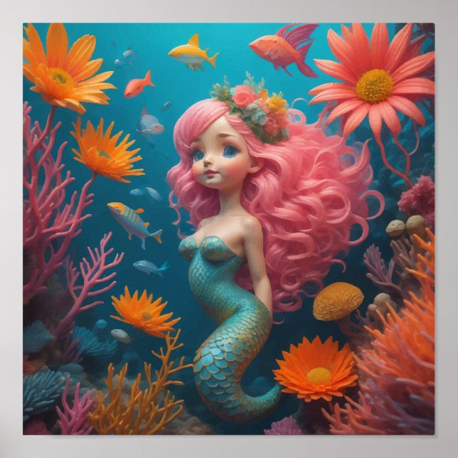 Mermaid Niedlich Pink Poster (Vorne)