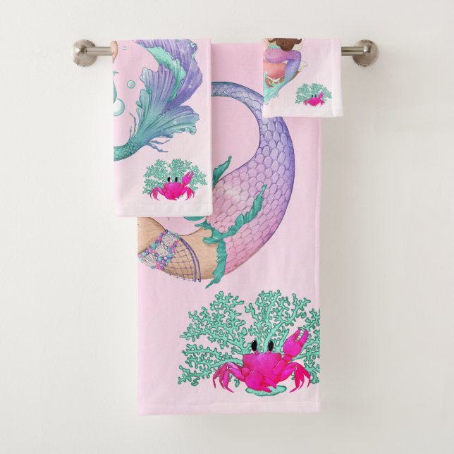 Mermaid Niedlich Pink Starfish Dark Hair Personal Badhandtuch Set (Insitu)