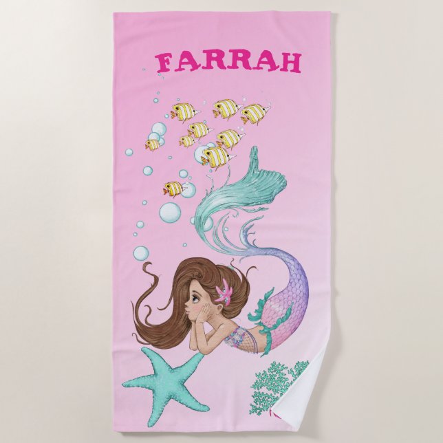 Mermaid Niedlich Pink Starfish Dark Hair Personal Strandtuch (Vorderseite)