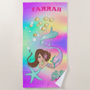Mermaid Niedlich Rainbow Pink Starfish Dunkles Haa Strandtuch