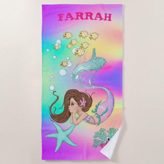 Mermaid Niedlich Rainbow Pink Starfish Dunkles Haa Strandtuch (Vorderseite)