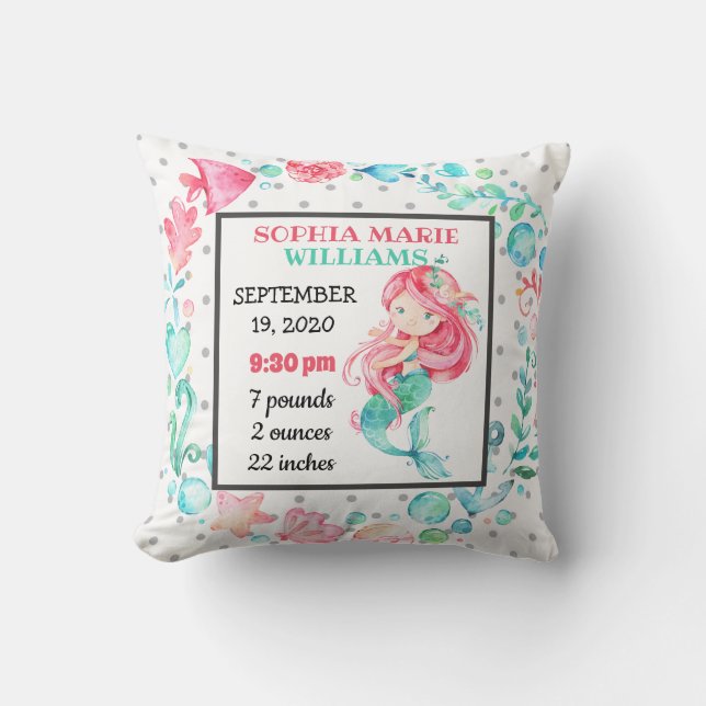 Mermaid Ocean Birth Stats Baby Announcement Girl Kissen (Vorderseite)