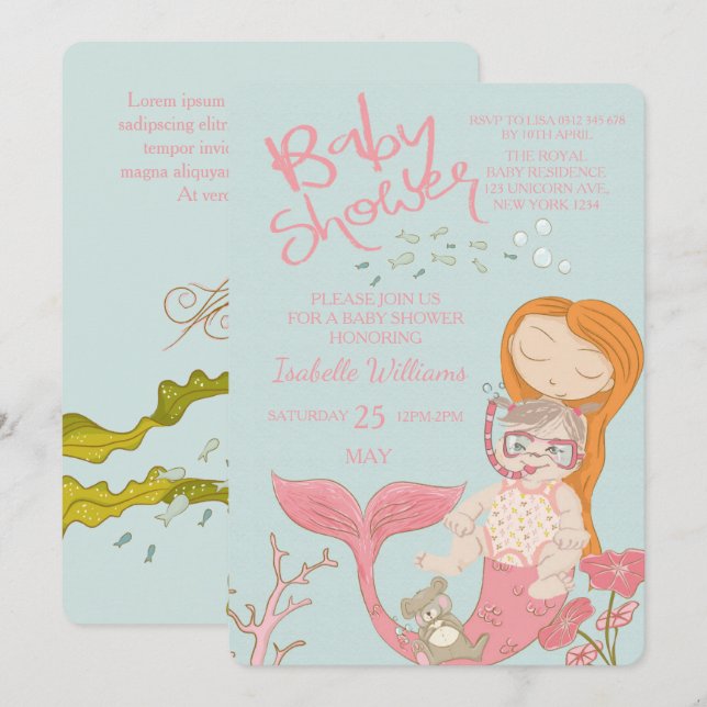 Mermaid Ocean Girl Pink Baby Dusche Einladung (Vorne/Hinten)