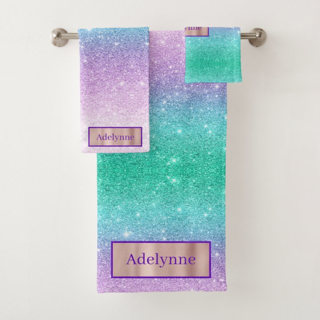 Mermaid Ombre Glitzer Individuelle Name Badetuch S Badhandtuch Set (Insitu)