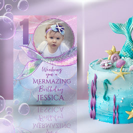 Mermaid One Photo 1st Birthday Card Karte