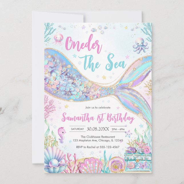 Mermaid Oneder the Sea 1st Birthday Einladung (Vorderseite)
