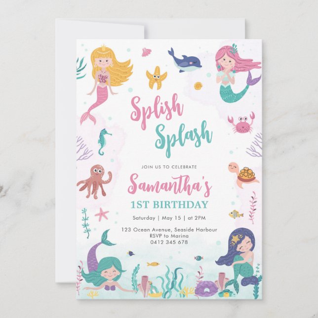 Mermaid Oneder The Sea 1st Birthday Invitation (Devant)