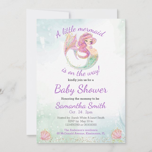 Mermaid Party Baby Dusche Glitzer unter dem Meer Einladung (Vorderseite)