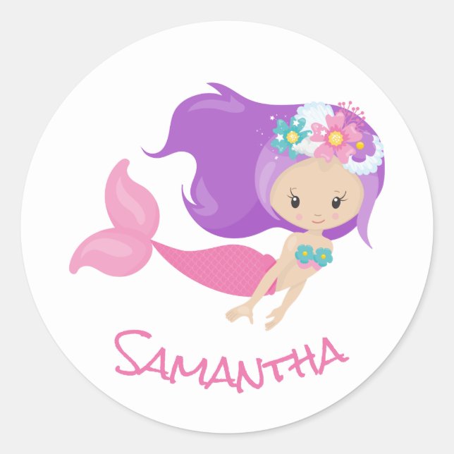 Mermaid Party Lila Runder Aufkleber (Vorderseite)