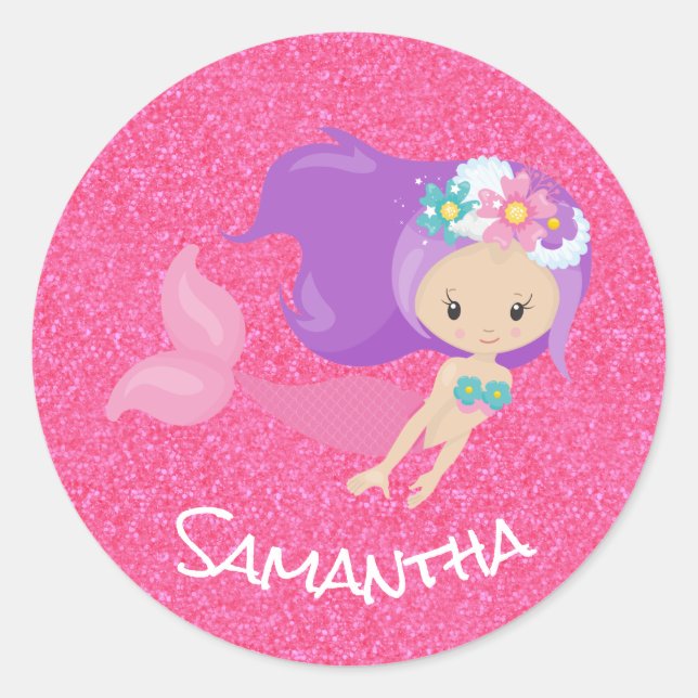 Mermaid Party Pink Glitzer Runder Aufkleber (Vorderseite)