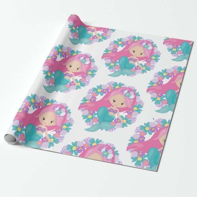 Mermaid Party Weißes Lila Umschlagpapier Geschenkpapier (Ungerollt)