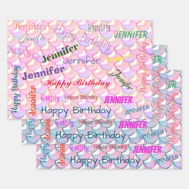 Mermaid Pattern Birthday Girly Individuelle Name P Geschenkpapier Set (Set)
