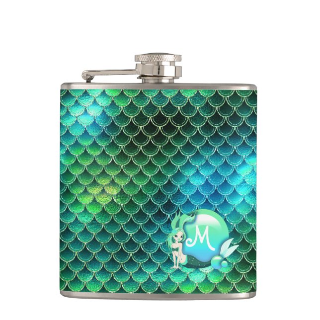 Mermaid Pearls and Scales Monogram Green ID600 Flachmann (Vorderseite)