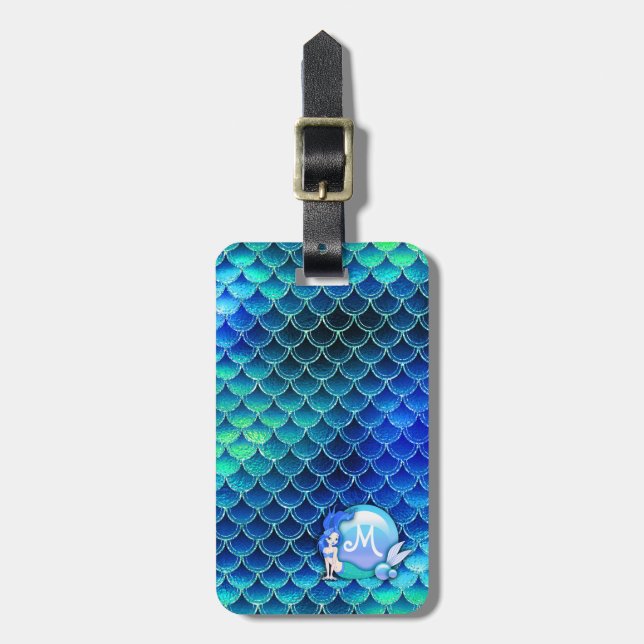 Mermaid Perls and Scales Monogram Blue ID600 Gepäckanhänger (Vorderseite vertikal)