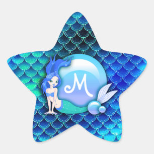 Mermaid Perls and Scales Monogram Blue ID600 Stern-Aufkleber
