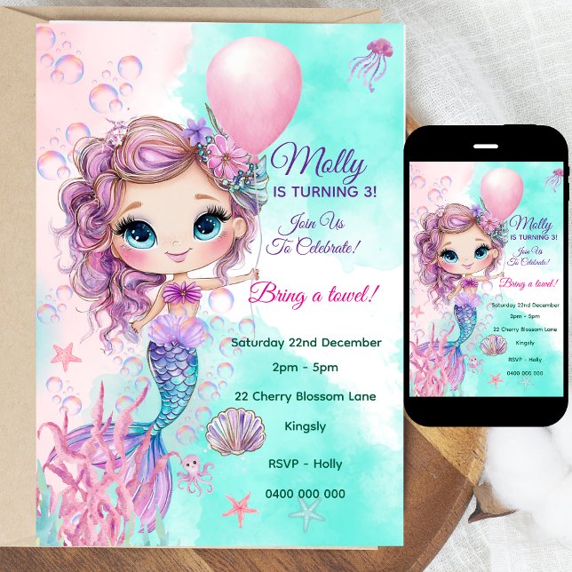 Mermaid Personalisiert Birthday Einladung (Personalized Watercolor Mermaid Birthday Invitation | Editable Text | Digital or Printed | Coloring )