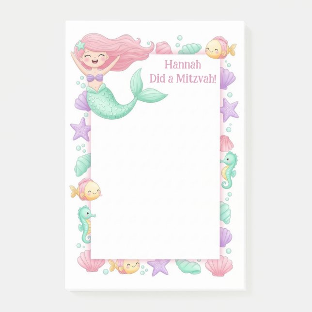 Mermaid Personalisiert Mitzvah Post-it Klebezettel (Vorderseite)