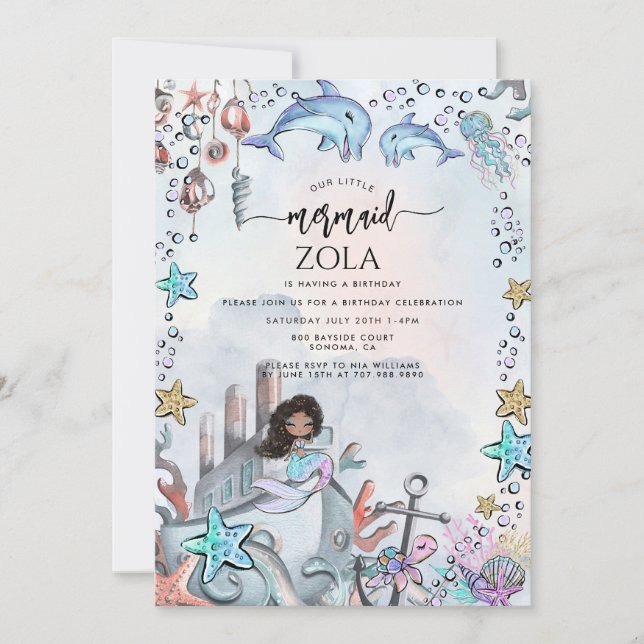 Mermaid Pink Blue Birthday Party Einladung (Vorderseite)