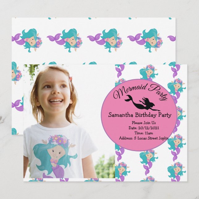 Mermaid Pink Lila Geburtstagsparty Einladung (Vorne/Hinten)