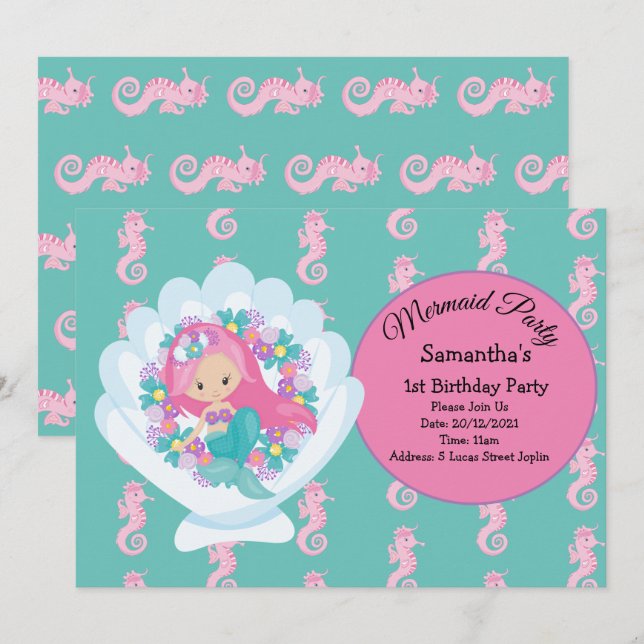 Mermaid Pink Lila Geburtstagsparty Einladung (Vorne/Hinten)