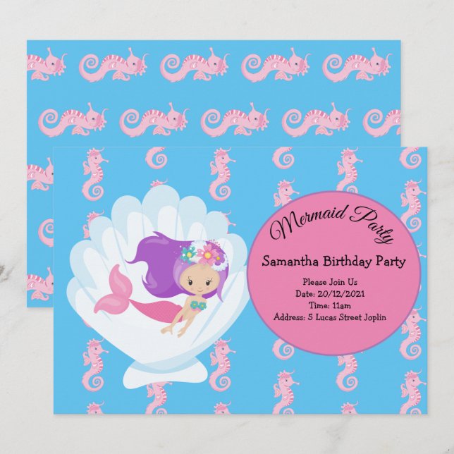 Mermaid Pink Lila Geburtstagsparty Einladung (Vorne/Hinten)