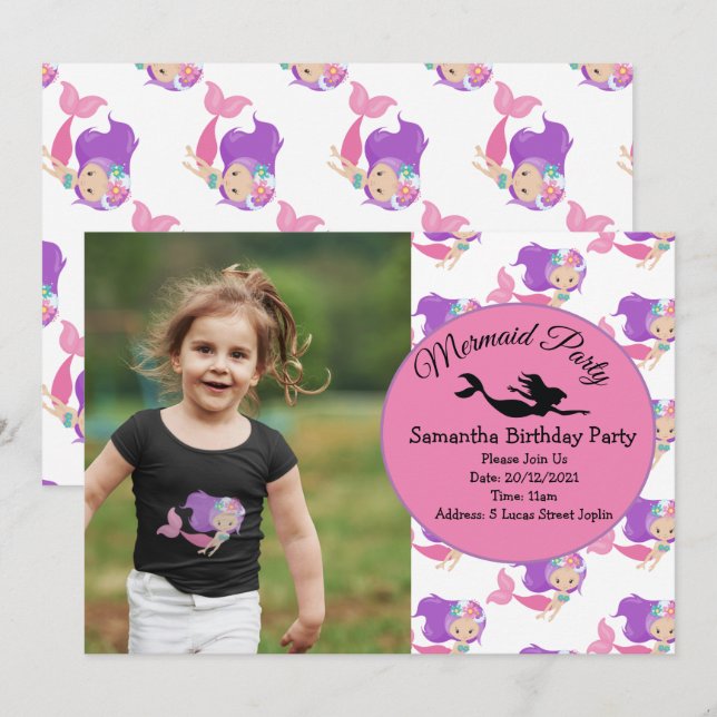 Mermaid Pink Purple Invitation de fête d'anniversa (Devant / Derrière)