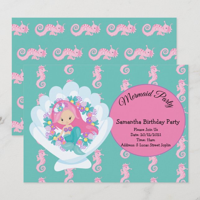 Mermaid Pink Purple Invitation de fête d'anniversa (Devant / Derrière)
