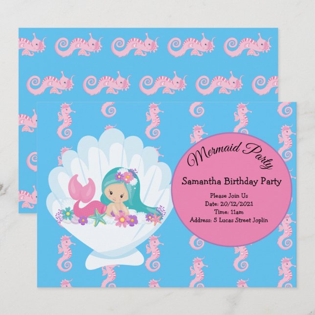 Mermaid Pink Purple Invitation de fête d'anniversa (Devant / Derrière)