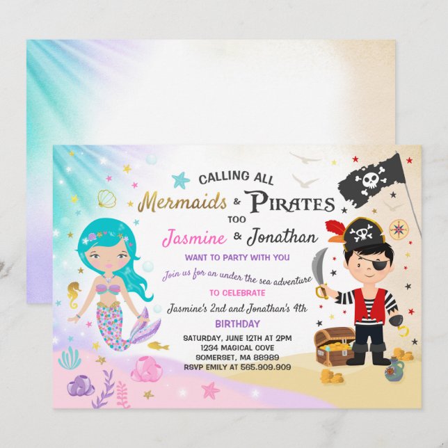 Mermaid Pirate Anniversaire Invitation Fête des fr (Devant / Derrière)