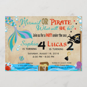 Mermaid & Pirate Birthday Brother & Sister Party Einladung