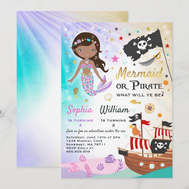 Mermaid Pirate Birthday Einladung Geschwister Part (Vorne/Hinten)