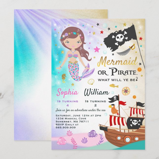 Mermaid Pirate Birthday Einladung Geschwister Part (Vorne/Hinten)