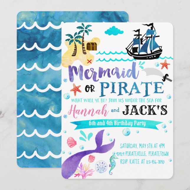 Mermaid Pirate Birthday Einladung Party Dual (Vorne/Hinten)