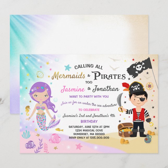 Mermaid Pirate Birthday Invitation Siblings Party Einladung (Vorne/Hinten)